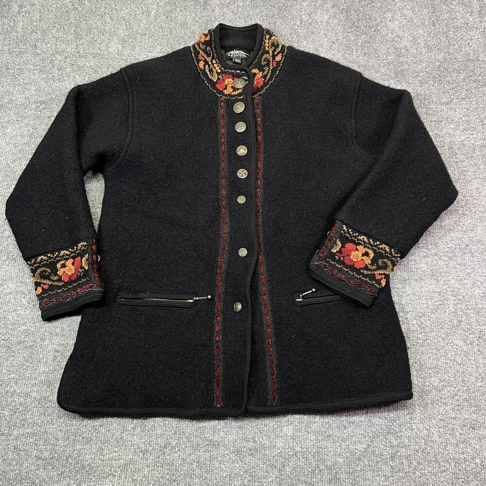 Icelandic Design Coat Womens Medium Black Wool Floral Embroidered Zip Pockets